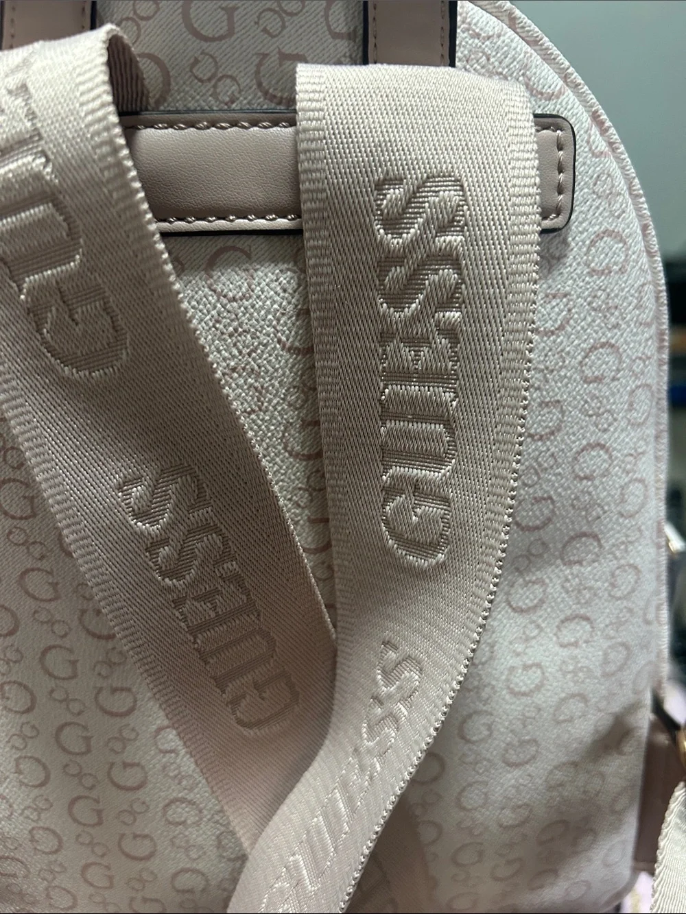 GUESS Light Beige Mini Backpack with Gold Logo